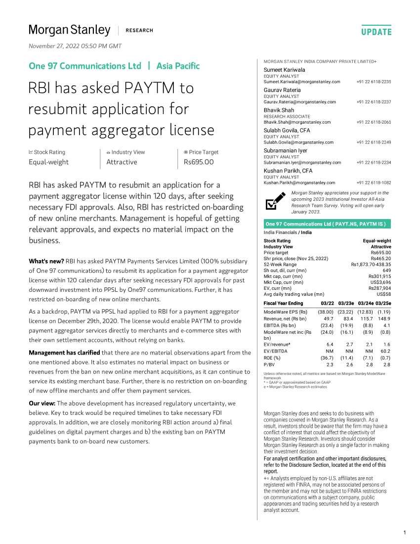 PAYT.NS-Morgan Stanley-One 97 Communications Ltd RBI has asked PAYTM to resubmit a...-99397192PAYT.NS-Morgan Stanley-One 97 Communications Ltd RBI has asked PAYTM to resubmit a...-99397192_1.png